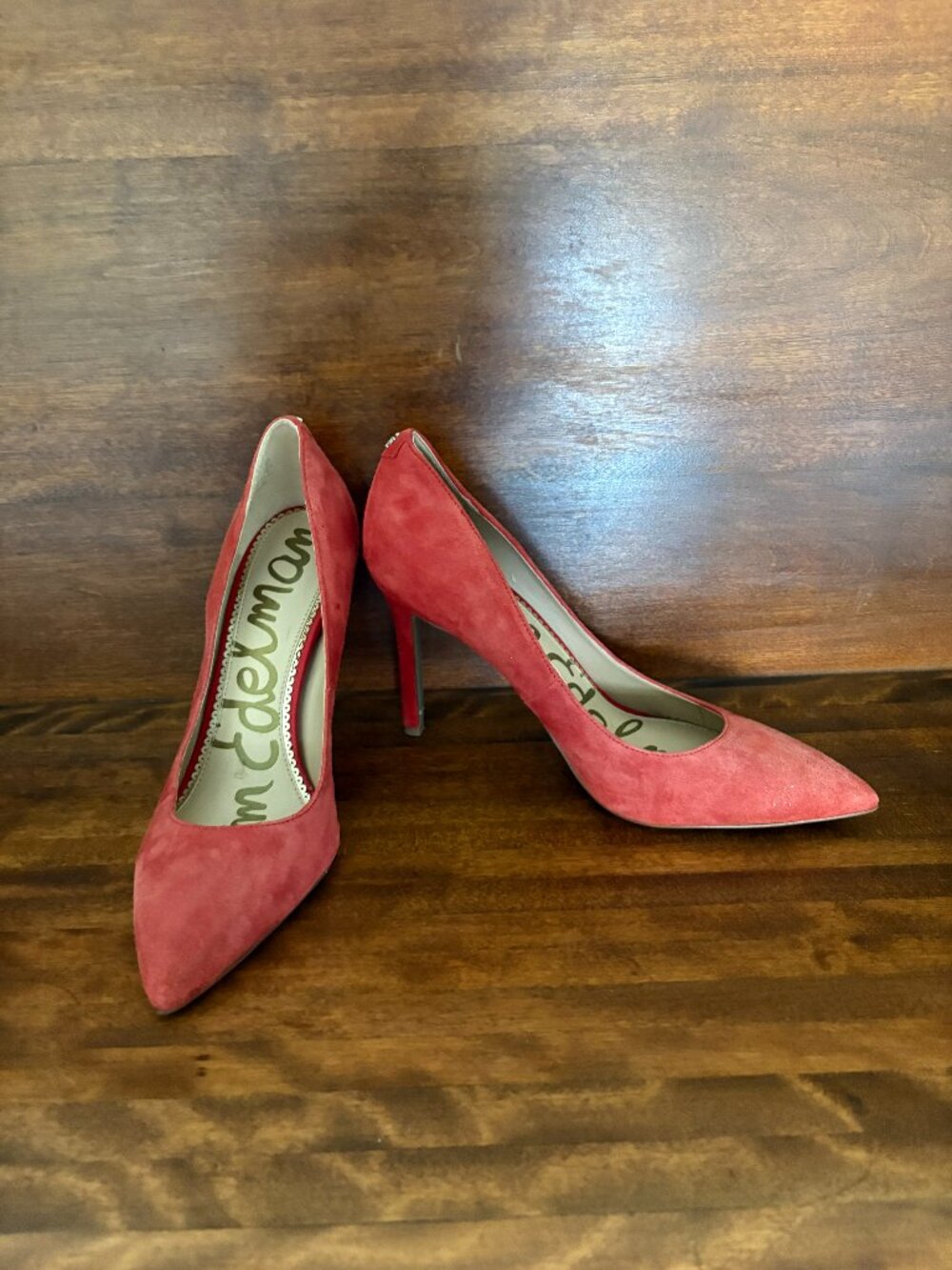 Sam Edelman Hazel Suede Pointed Toe Pumps Red Coral Heels Office Party Chic 8.5M